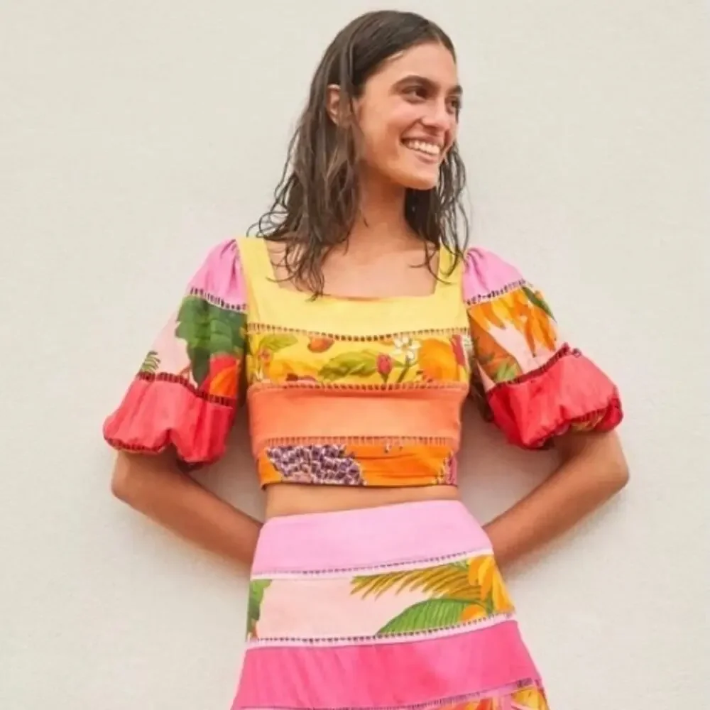 FARM Rio Rainbow Mixed Prints Tiered Linen Blend Crop Top Womens Size XS Orange - Picture 6 of 11